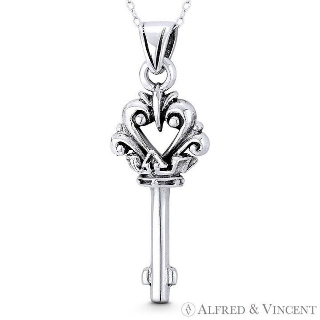 Crown Flourished Heart Skeleton Key To Heart Charm In 925 Sterling Silver 61$